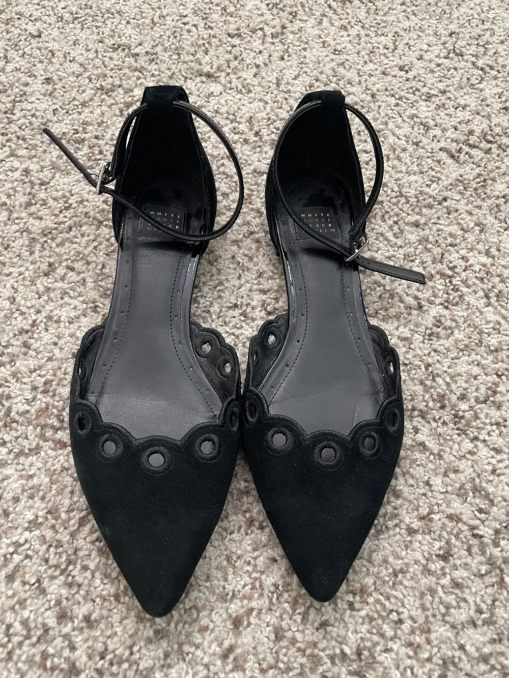 White House Black Market Black Scalloped Pointed-Ankle Strap Flats